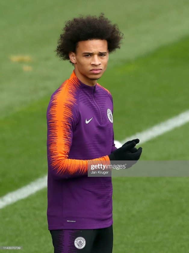 Leroy Sane of Manchester City looks on during the Manchester City training session