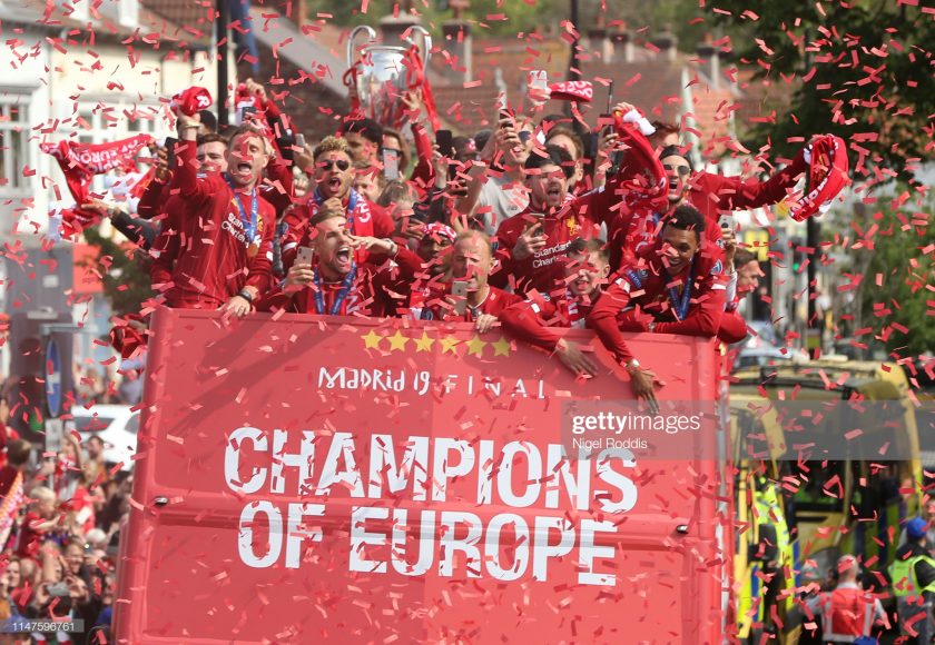 UEFA Champions League trophy on board a parade bus