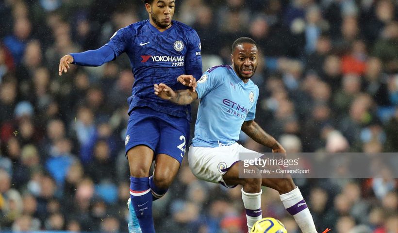 Chelsea's Reece James battles with Manchester City's Raheem Sterling