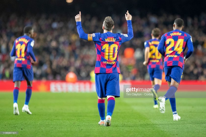 Lionel Messi #10 of Barcelona reacts after completing his hat trick