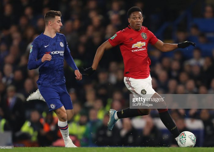 Mason Mount of Chelsea and Anthony Martial of Manchester United